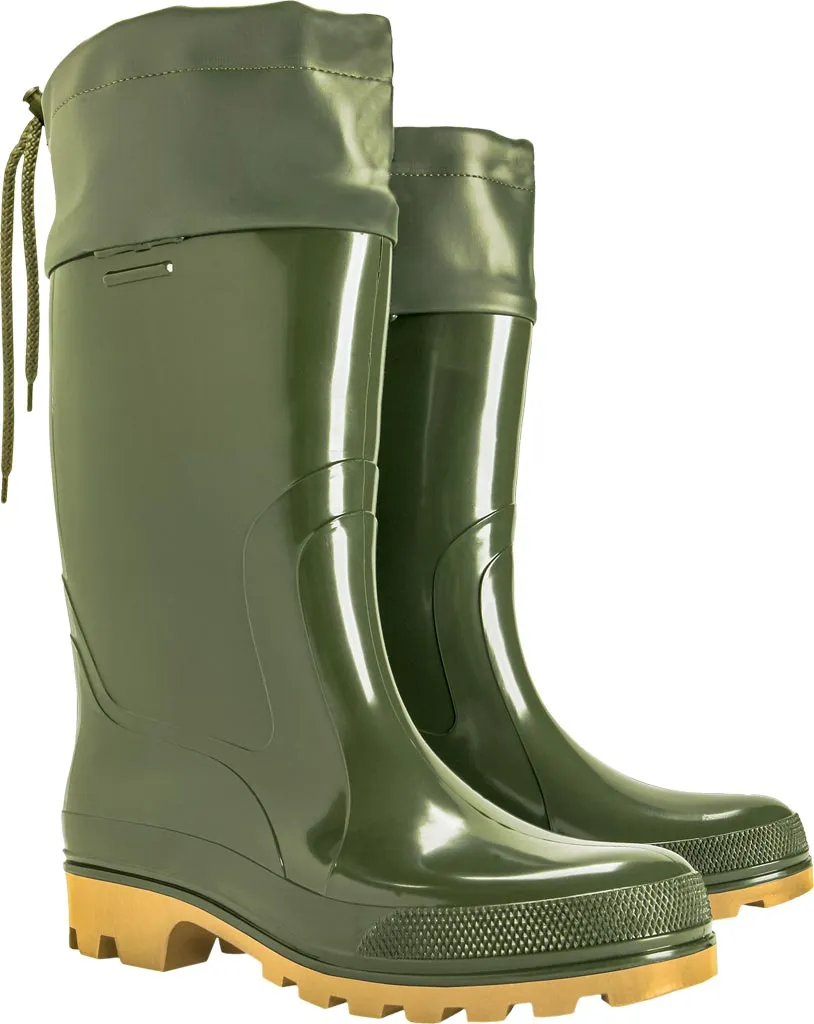 Buty męskie typu kalosz, wykonane z trwałego materiału w kolorze zielonym. Wyposażone są w żółte, grube podeszwy z bieżnikiem oraz kołnierz przy górnej krawędzi.