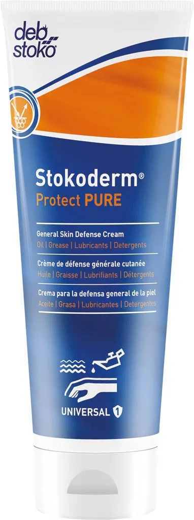 Opakowanie kremu do rąk Stokoderm Protect PURE w tubce. Kolorystyka: niebiesko-biała z pomarańczowym akcentem. Na opakowaniu znajdują się informacje o przeznaczeniu - ochronie skóry przed działaniem wody i substancji chemicznych.