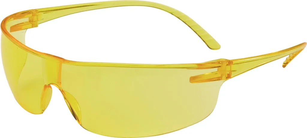Okulary ochronne Honeywell SVP 200, żółte, z przezroczystymi, lekko zabarwionymi szkłami i cienkimi, żółtymi zausznikami.