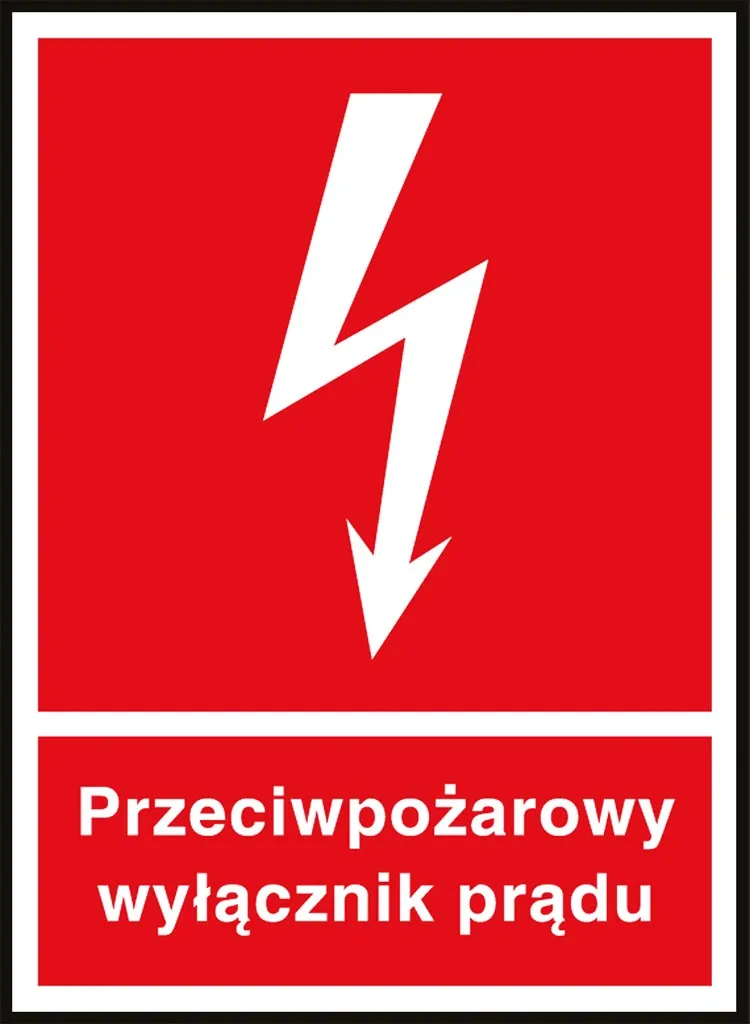 Czerwony znak bezpieczeństwa z białym piorunem wskazujący na przeciwpożarowy wyłącznik prądu.