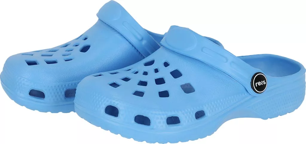 Lekkie, piankowe klapki dziecięce DOTS-KID w niebieskim kolorze, z wentylowanymi otworami, wygodne do domu i ogrodu.
