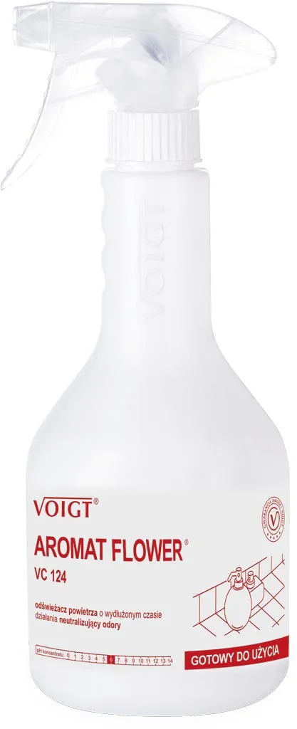 Odświeżacz powietrza Voigt AROMAT FLOWER VC 124 o zapachu kwiatowym, w białej butelce z rozpylaczem. Na etykiecie czerwone akcenty i informacja o ochronie biocidalnej.