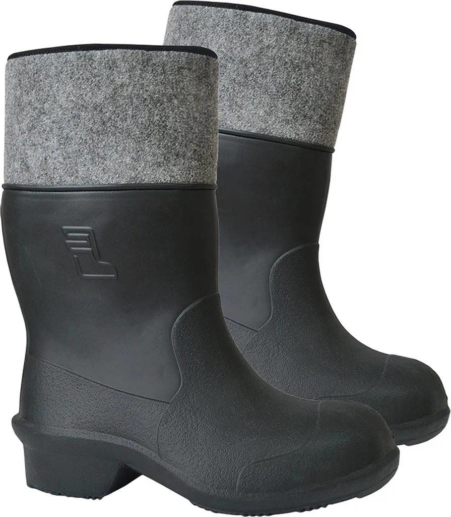 Buty filcowe, model 56201 GARDEN, o wysokim kroju, z czarnym dolnym częścią z gumy i szarym, filcowym wykończeniem na górze.