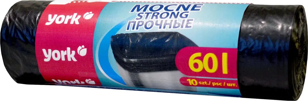 Rolka mocnych czarnych worków na śmieci marki York o pojemności 60 litrów, zawiera 10 sztuk w opakowaniu.
