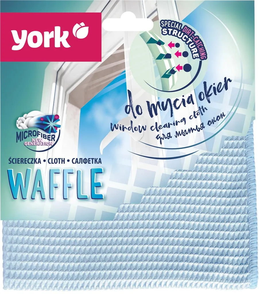 Ściereczka z mikrofibry WAFFLE marki York, przeznaczona do mycia okien. Jest w kolorze błękitnym z charakterystyczną strukturą