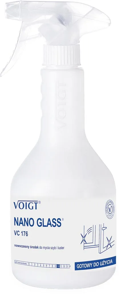 Butelka środka do mycia szyb NANO GLASS VC 176 marki Voigt. Pojemnik z rozpylaczem, kolor biały, z niebieskimi akcentami i grafiką przedstawiającą strukturę chemiczną.