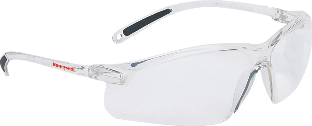 Okulary ochronne Honeywell A700 z przezroczystymi soczewkami i białą, plastikową oprawką. Posiadają gumowe zakończenia na zausznikach.