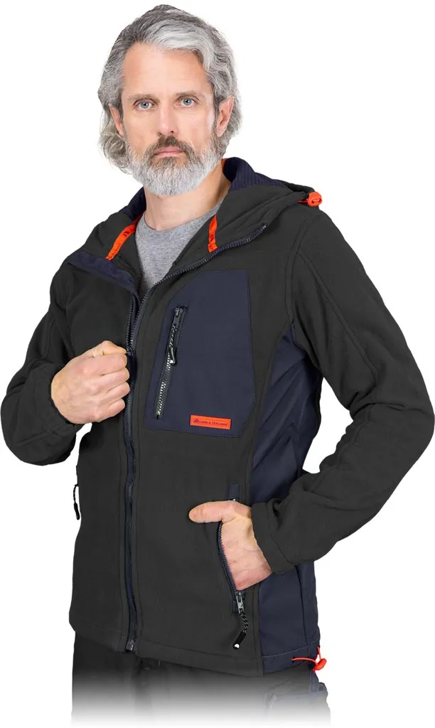 Bluza ochronna z polaru, czarna z szarymi i pomarańczowymi detalami, długie rękawy, zamki błyskawiczne, kaptur, kieszenie.