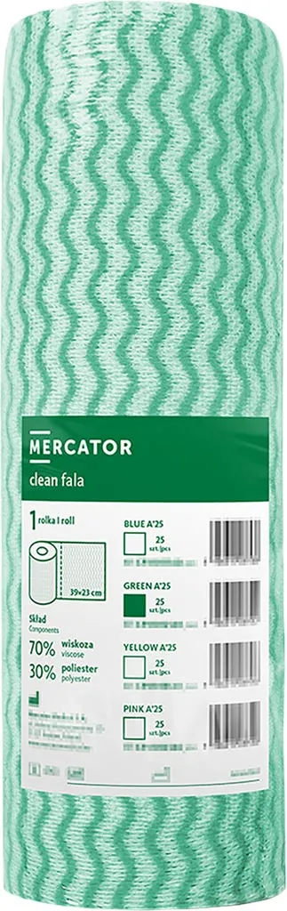 Ręcznik papierowy Clean Fala marki Mercator, kolor zielony, perforowany, zawiera 20% włókien pochodzących z recyklingu. Idealny do czyszczenia.
