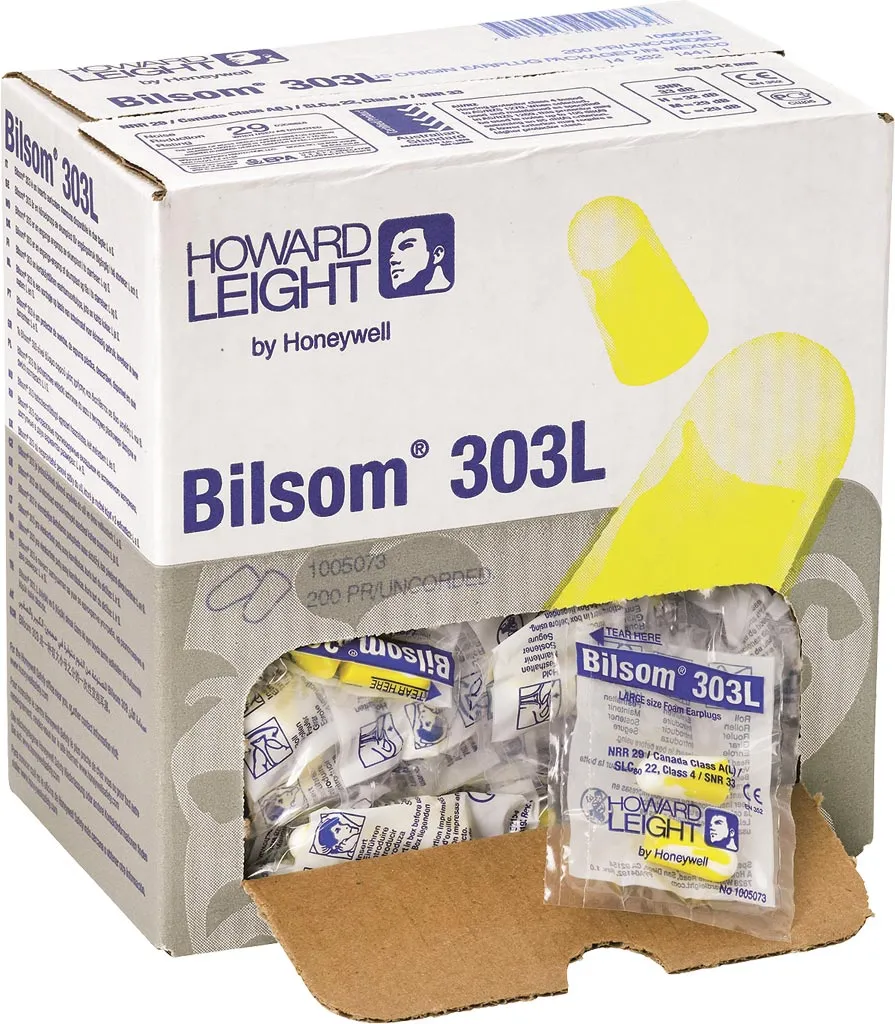 Opakowanie zawiera żółte zatyczki do uszu marki Bilsom 303L, które są opakowane w przezroczyste, indywidualne saszetki. Produkt jest dystrybuowany przez firmę Howard Leight by Honeywell.