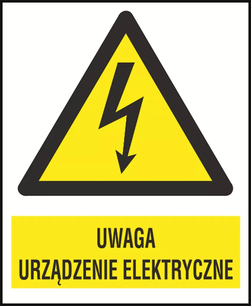 Znak ostrzegawczy w kształcie trójkąta z żółtym tłem i czarnym obramowaniem. Wewnątrz znajduje się symbol błyskawicy. Poniżej trójkąta umieszczony jest żółty prostokąt z napisem „UWAGA URZĄDZENIE ELEKTRYCZNE” w kolor
