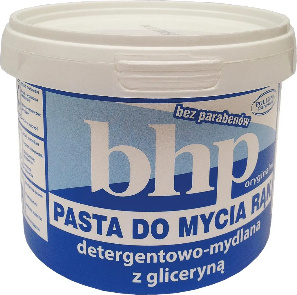 Pojemnik z pastą do mycia rąk marki BHP, pojemność 500 g. Produkt detergentowo-mydlany z gliceryną, bez parabenów. Opakowanie to biały plastikowy pojemnik z niebiesko-białą etykietą.