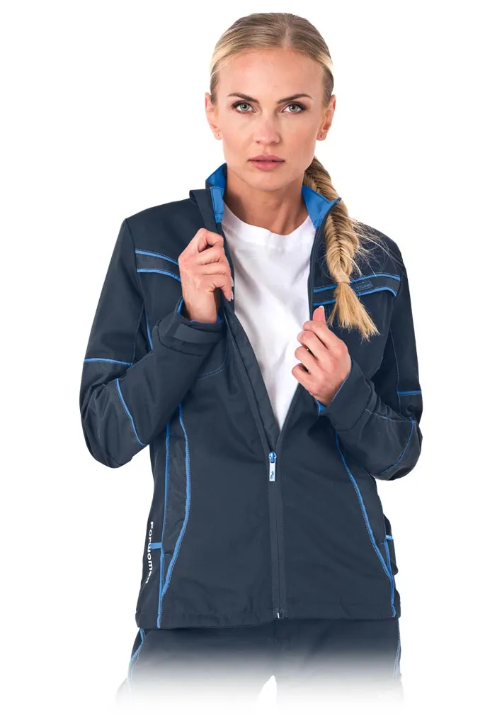 Bluza ochronna damska w kolorze granatowym z jasnoniebieskimi suwakami i wstawkami. Posiada kaptur oraz kieszenie z zamkami błyskawicznymi.