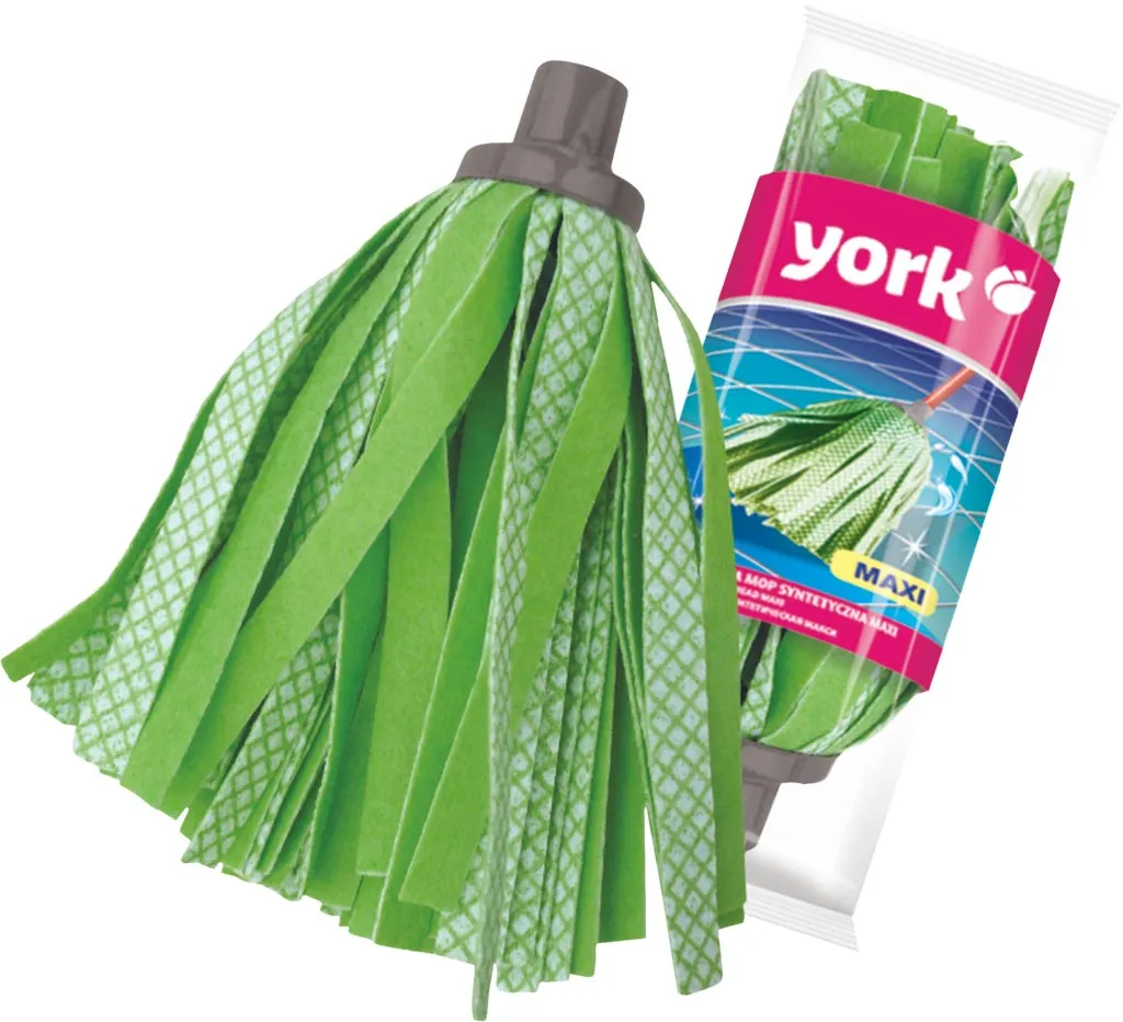 Zielona, syntetyczna końcówka do mopa z szerokimi frędzlami. Opakowanie z logiem producenta i zdjęciem produktu.