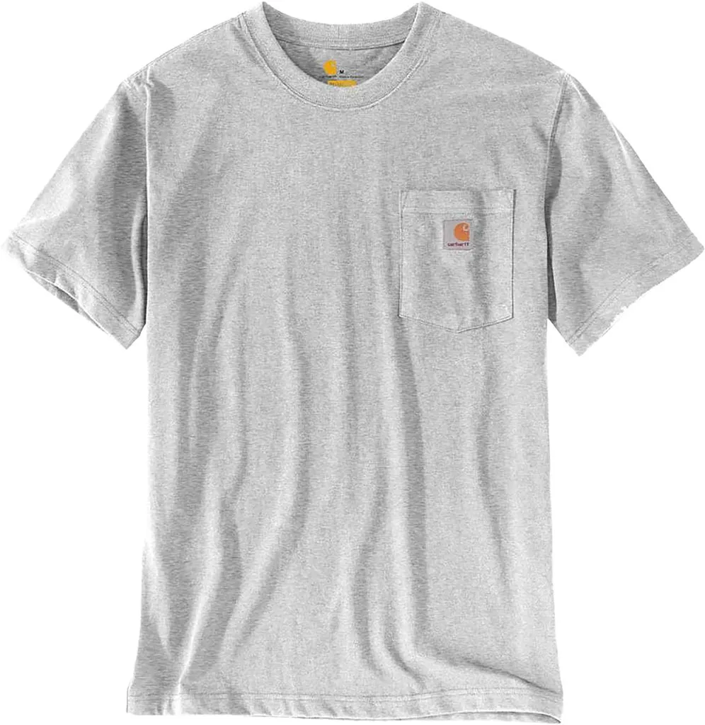 T-shirt męski w kolorze szarym z krótkimi rękawami. Ma prosty krój oraz małą, naszywaną kieszonkę na piersi z pomarańczowym logo.