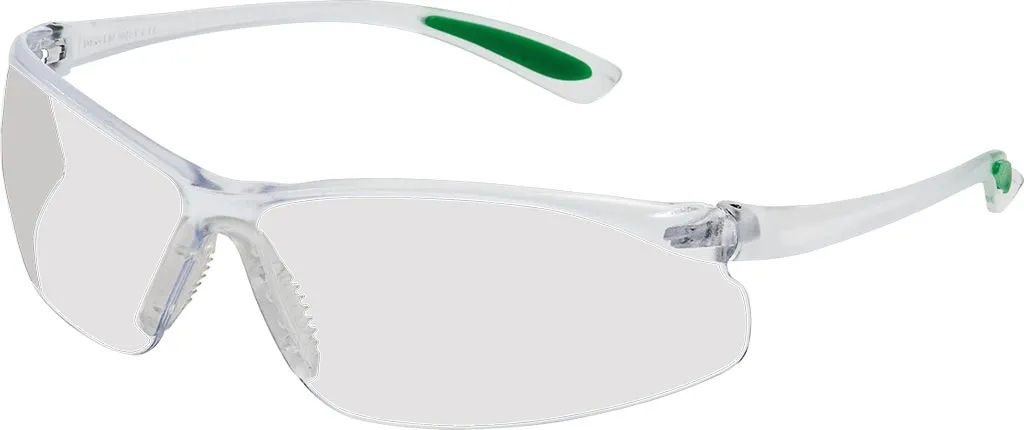 Okulary ochronne FEATHER FIT mają przezroczyste soczewki i lekki, biały plastikowy stelaż z zielonymi detalami na zausznikach.