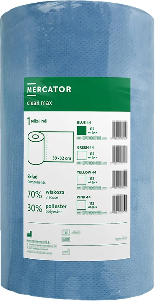 Niebieski rulon czyściwa Clean Max, 70% wiskozy, 30% poliestru, wymiary rolki: średnica 19 cm, długość rolki 275 m.