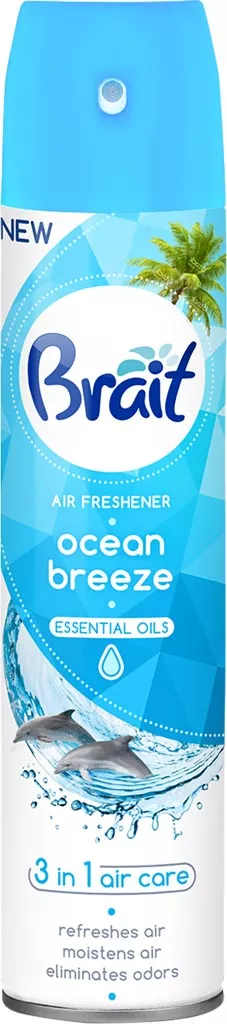 Odświeżacz powietrza w sprayu Brait Ocean Breeze o zapachu morskiej bryzy. Opakowanie 300 ml, 3 w 1: usuwa zapachy, odświeża i nawilża powietrze.