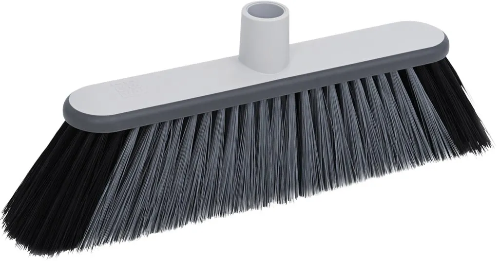 Miotła U-COLLECT ma szarą, plastikową szczotkę z czarnymi włosiami i białym uchwytem na kija.