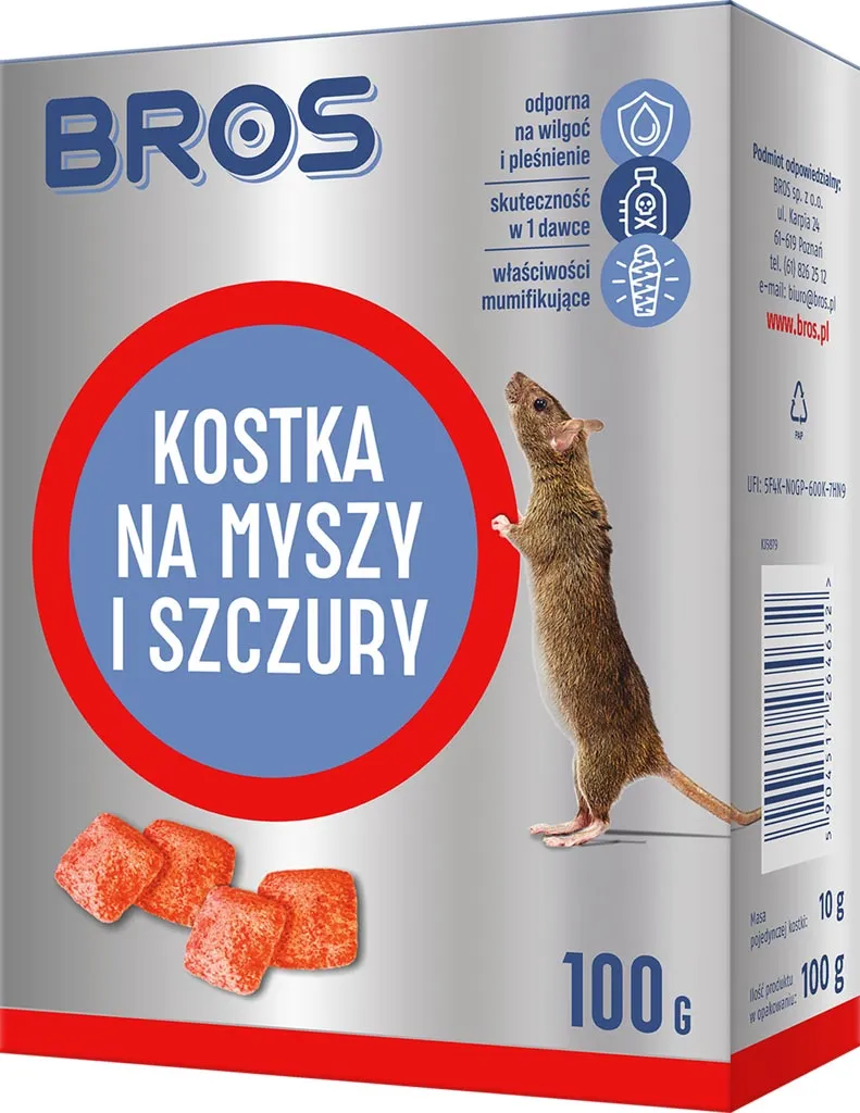 Opakowanie kostek na myszy i szczury marki Bros, o wadze 100g. Produkt jest przedstawiony jako skuteczny środek zwalczający gryzonie, z grafiką szczura i kostek produktu.