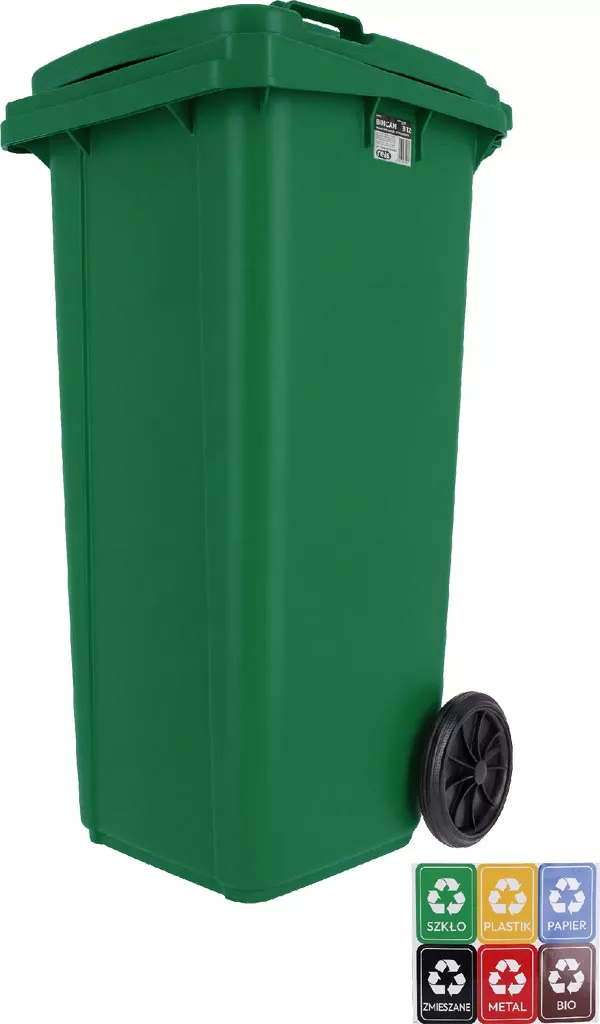 Pojemnik na śmieci BINCAN o pojemności 120L, zielony, na kółkach. Przeznaczony do segregacji odpadów: papier, szkło, plastik, bio. Zamykana pokrywa.