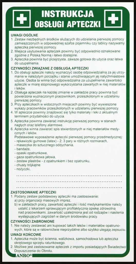 Plakat BHP, zielony, z instrukcją obsługi apteczki. Zawiera punkty dotyczące sprawdzania zawartości, sposobu użycia leków oraz postępowania w przypadku konieczności pierwszej pomocy. Na górze symbol apteczki.