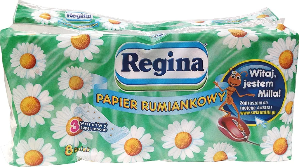 Opakowanie papieru toaletowego Regina z ekstraktem rumiankowym, zawiera 3 warstwy, opakowanie w stylem przyjaznym dla środowiska.