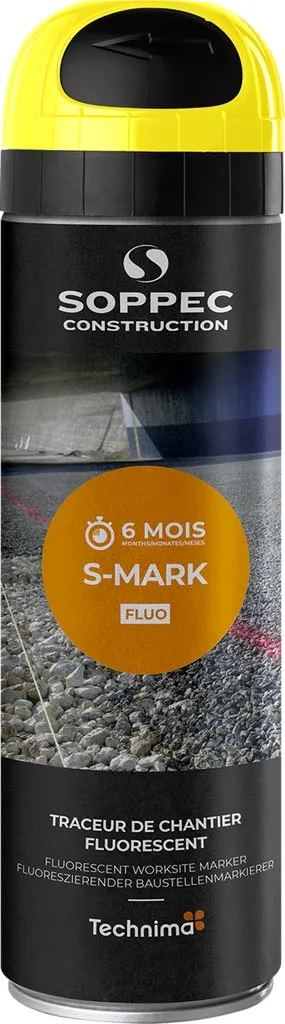 Aerozol do znakowania poziomego Soppec Construction w kolorze żółtym. Produkt przeznaczony do profesjonalnego użycia, oznaczony certyfikatem CE oraz znakiem jakości S-Mark.