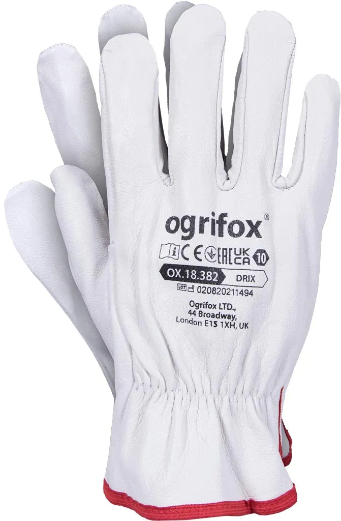 Rękawice ochronne Ogrifox model OX.18.382 DRIX, kolor biały, wykonane z syntetycznego materiału, rozmiar 10. Posiadają certyfikaty CE i EN 388.