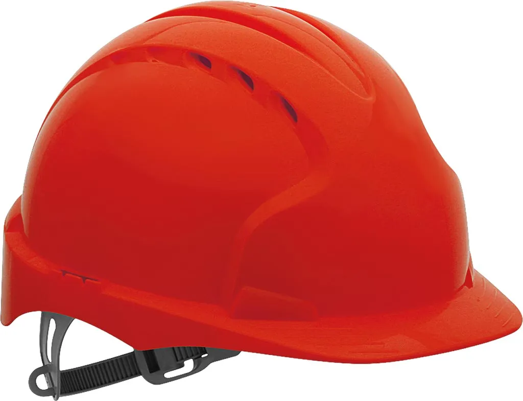 Czerwony hełm ochronny EVO2, wykonany z tworzywa HDPE, posiada regulowany pasek pod brodę oraz kilka otworów wentylacyjnych na górnej części.