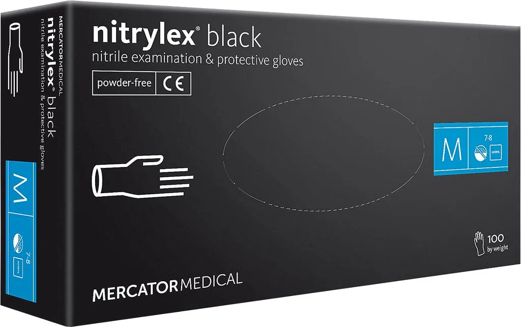 Opakowanie czarnych rękawic nitrylowych Nitrylex® black, rozmiar M, zawiera 100 sztuk. Rękawice są bezpudrowe, do badań i ochrony.