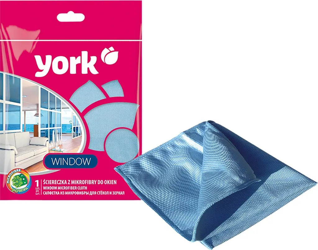 Opakowanie ściereczki z mikrofibry marki York, przeznaczonej do mycia szyb, w kolorze niebieskim. Ściereczka ma wymiary 40x40 cm. Opakowanie jest różowe z grafiką okna i logotypem York.