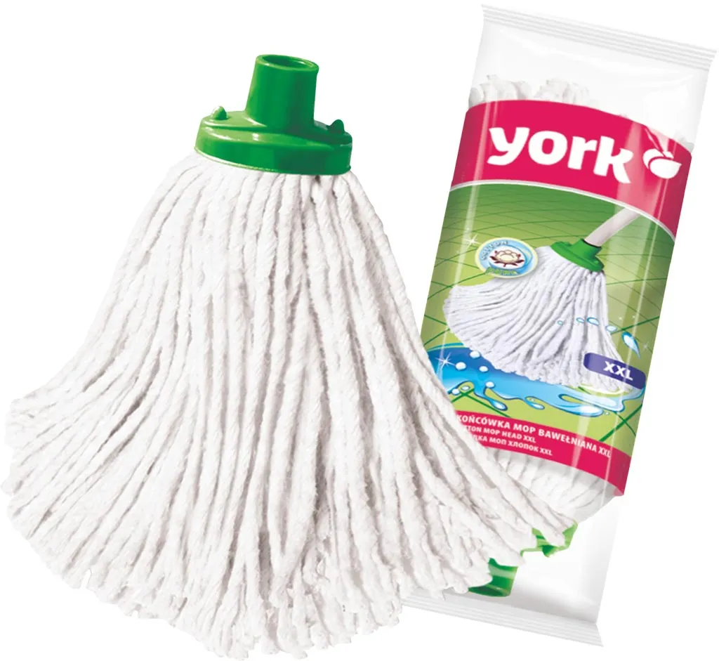 Biała końcówka mopa z bawełny XXL marki York z zielonym uchwytem, zapakowana w plastikowe opakowanie z grafiką produktu.