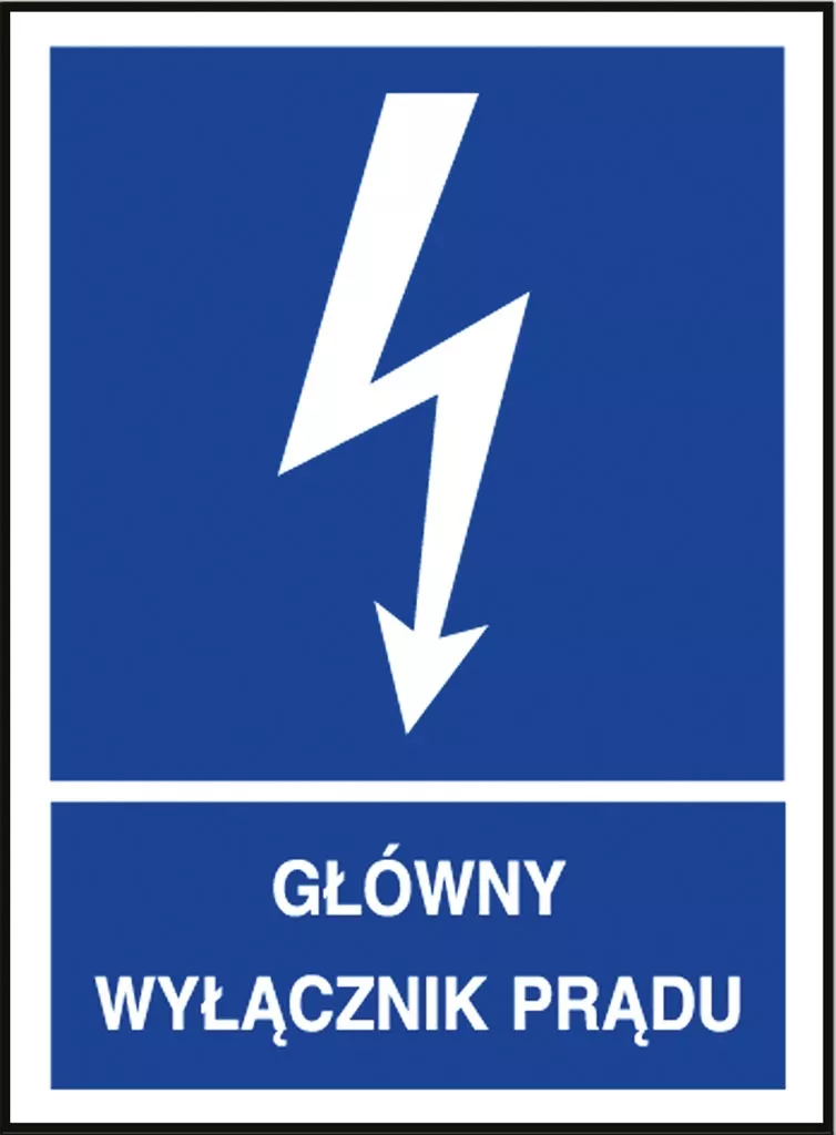 Znak bezpieczeństwa w kształcie prostokąta. Niebieskie tło, biały symbol pioruna z białą strzałką skierowaną w dół. Pod spodem napis