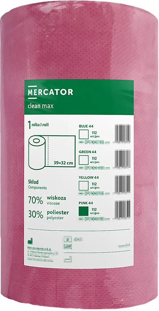 Różowa rolka czyściwa marki Mercator, model Clean Max. Składa się w 70% z włókien naturalnych i 30% z poliestru. Produkt jest jednowarstwowy, o wymiarach 38 cm x 360 m.