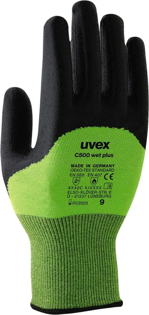 Rękawice ochronne Uvex C500 Wet Plus, kolor zielony z czarnym, wykonane są z materiału odpornego na przecięcia. Posiadają certyfikat CE oraz normę EN 388 (4544). Rozmiar 8.
