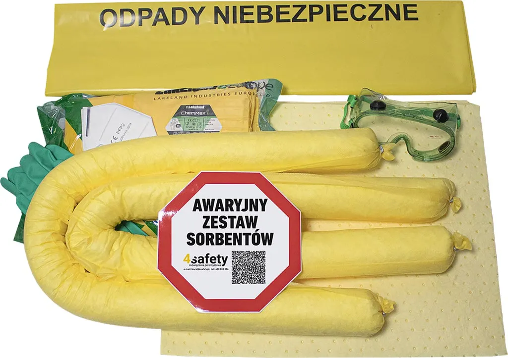 Zestaw sorbentów do chemii ADR zawiera żółte węże sorbentowe, rękawice, worki na odpady z napisem