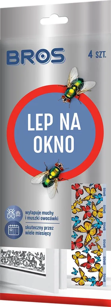 Opakowanie lepu na muchy marki BROS, przeznaczone do umieszczania na oknie. Zawiera 4 sztuki. Opakowanie jest kolorowe, z ilustracjami much.