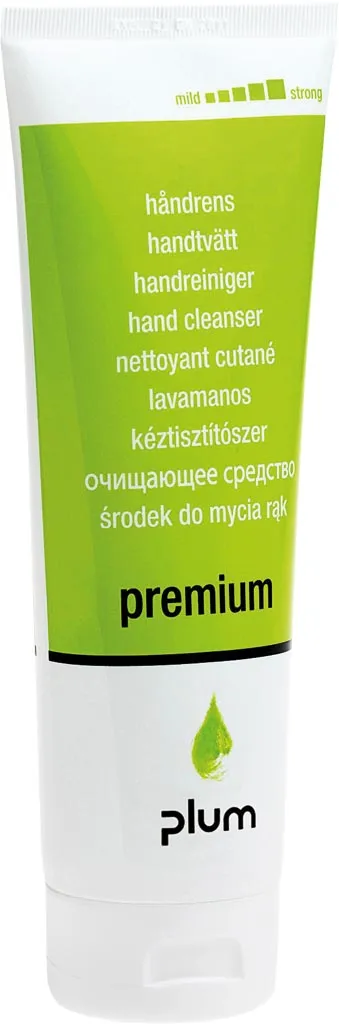Środek do mycia rąk marki Plum, wariant Premium, w tubce. Produkt zawiera dodatek olejku eterycznego z drzewa herbacianego i rumianku.