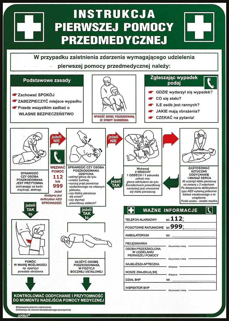 Zielony plakat bezpieczeństwa z białymi i zielonymi ramkami, zawierający ilustracje i instrukcje dotyczące pierwszej pomocy przedmedycznej, w tym resuscytacji, opatrywania ran i postępowania w przypadku zadławienia. Na dole znajdują się numery alarmowe.