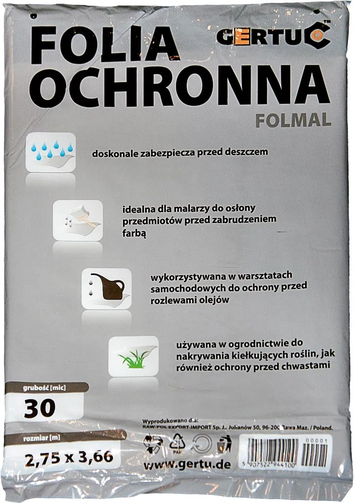 Opakowanie folii ochronnej marki Gertuc, o wymiarach 2,75 m x 3,66 m, zawiera 30 arkuszy. Produkt idealny do malowania i prac dekoracyjnych, zabezpiecza powierzchnie przed zabrudzeniami i farbą.
