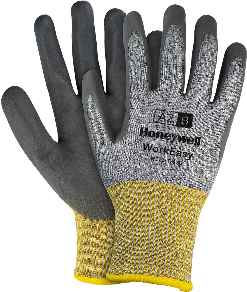 Rękawice ochronne Honeywell WorkEasy 7313G, posiadają żółto-szarą dzianinę z ciemnoszarym pokryciem na dłoni i palcach. Znakowane jako kategoria A2B wg EN388.