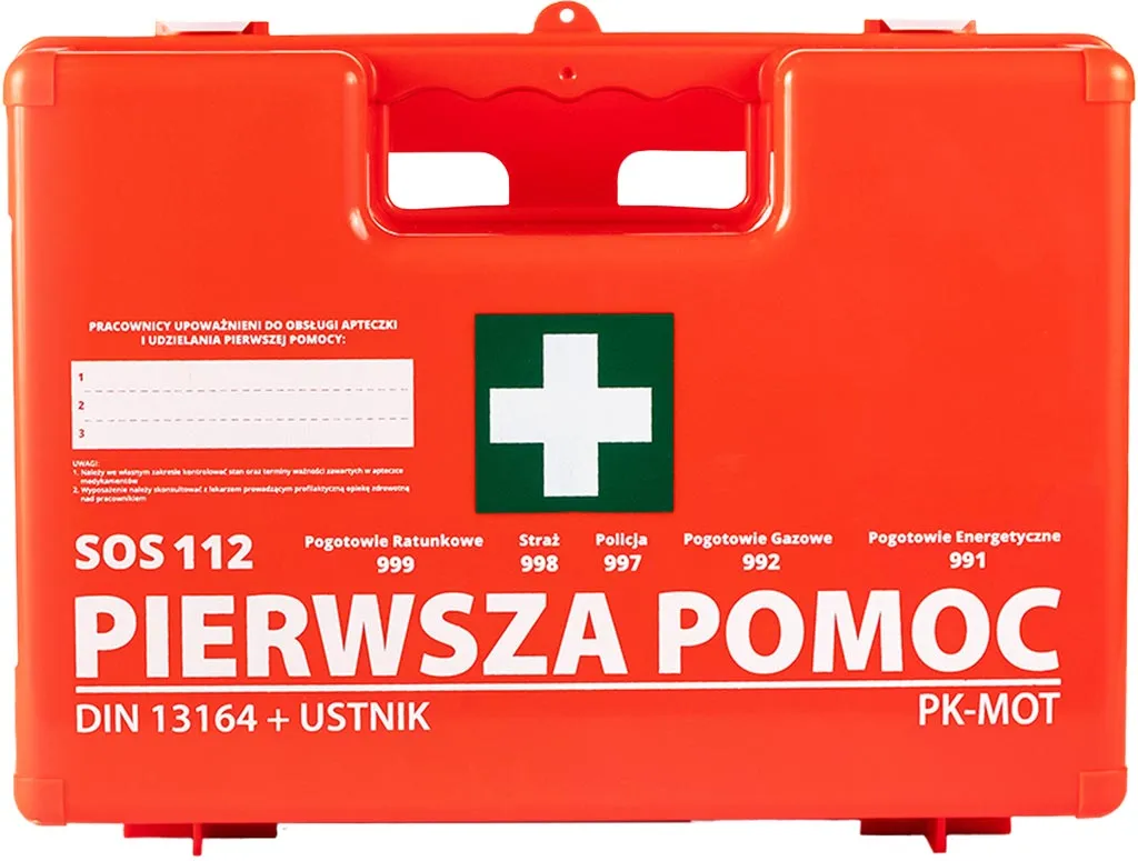 Czerwona apteczka pierwszej pomocy z białym krzyżem i napisem