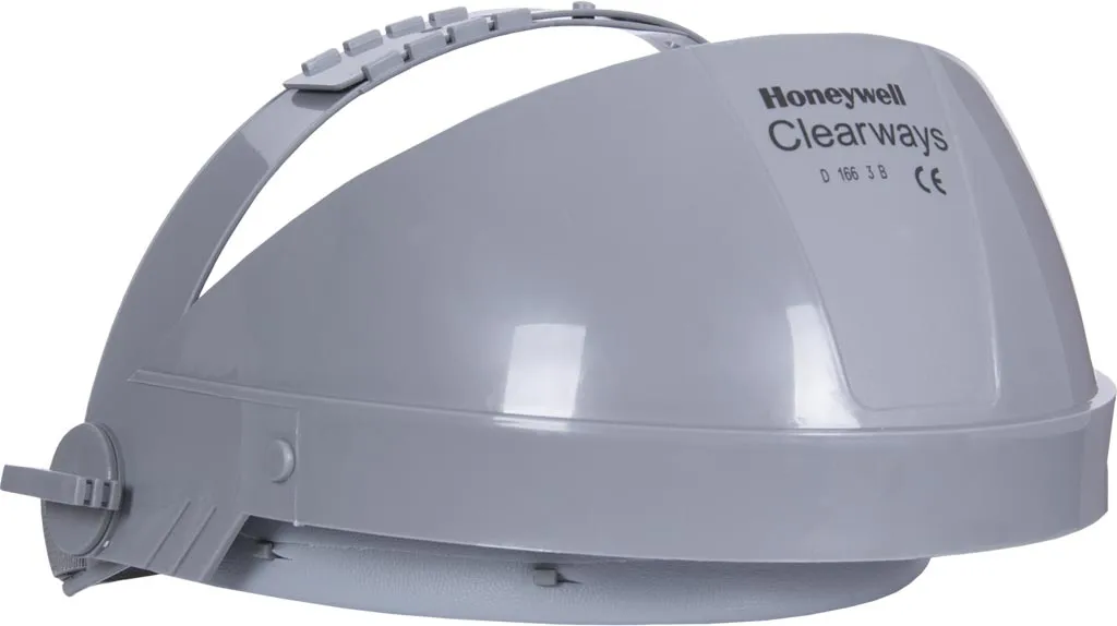 Szara osłona twarzy marki Honeywell, model Clearways, z zapięciem na boku.