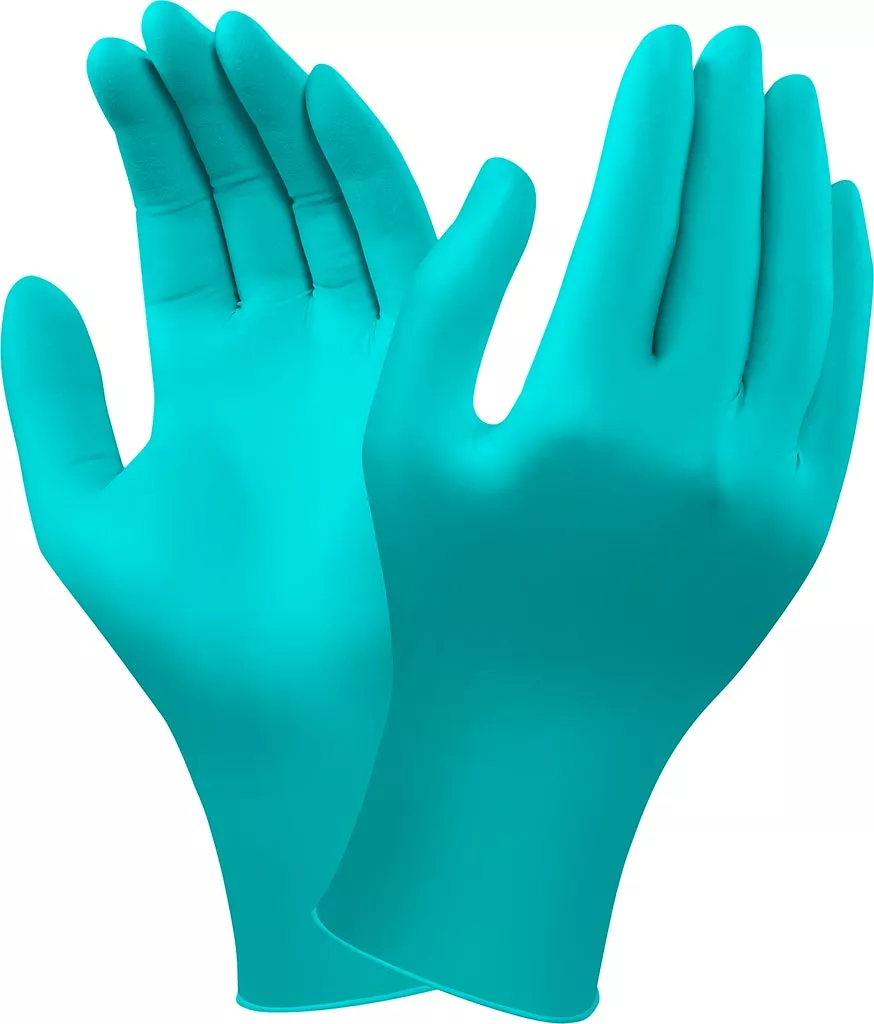 Rękawice ochronne Touch N Tuff® 92-500, koloru turkusowego, wykonane z nitrylu, bezpudrowe, przeznaczone do ochrony przed czynnikami chemicznymi i antystatyczne.