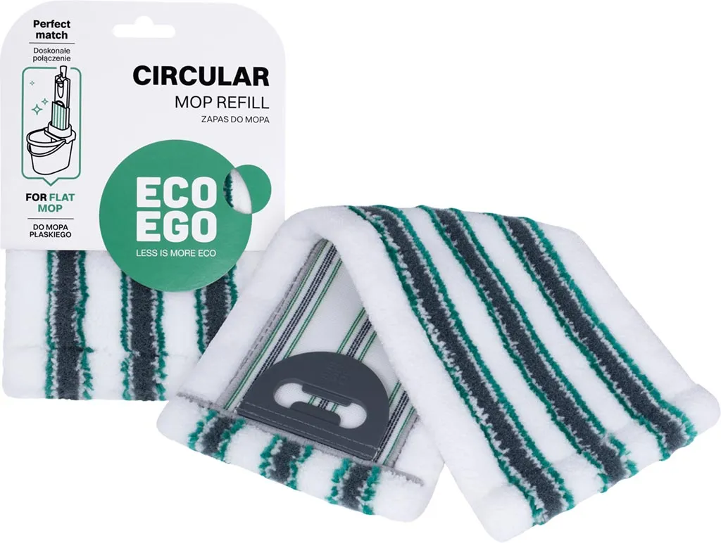 Zapas do mopa płaskiego CIRCULAR POWER, serii ECO EGO. Biały z zielonymi pasami. Widoczne opakowanie i mechanizm mocujący w formie czarnego plastiku.