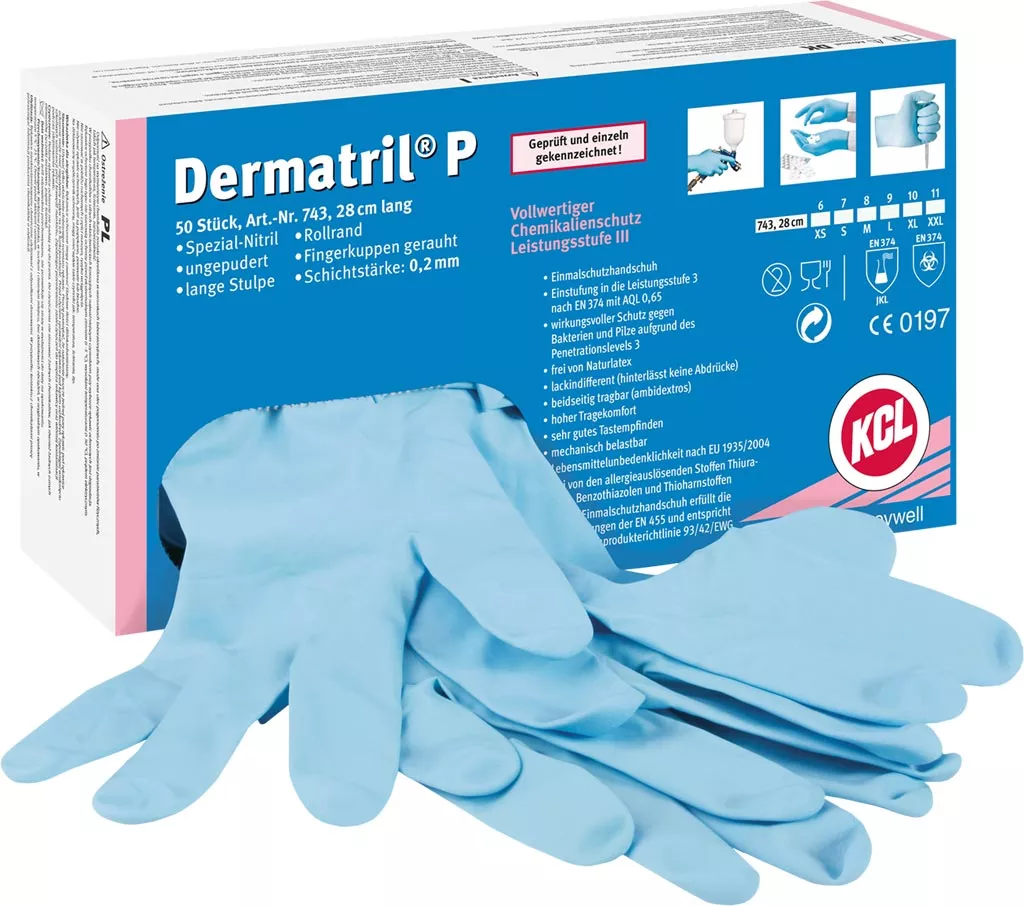 Opakowanie niebieskich jednorazowych rękawic nitrylowych Dermatrill P, rozmiar M, zawiera 100 sztuk. Rękawice są bezpudrowe, testowane dermatologicznie, odporne na zarysowania i przecięcia. Idealne do użytku w medycynie.