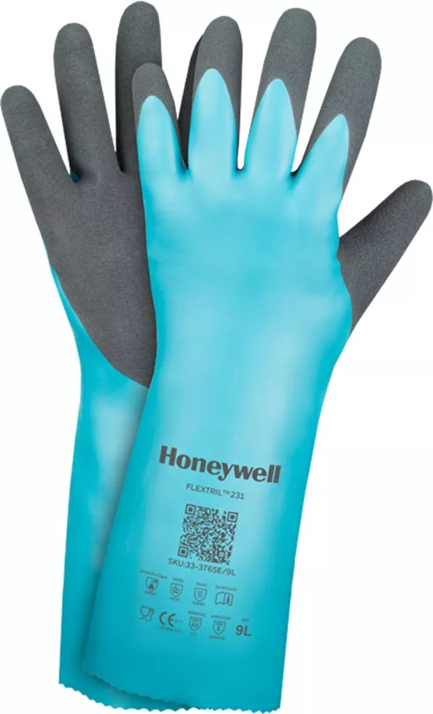 Rękawice ochronne Honeywell, model Flextril 33-3765E, kolor turkusowy z szarymi końcówkami palców. Na produkcie widoczne oznaczenia CE.