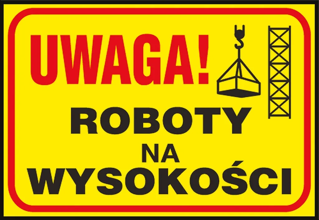 Tablica ostrzegawcza przedstawia żółte tło z czerwoną obwódką oraz czarny napis
