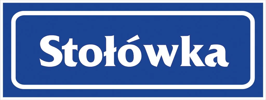 Niebieski prostokątny znak z białą obwódką i napisem „Stołówka” w białej czcionce.